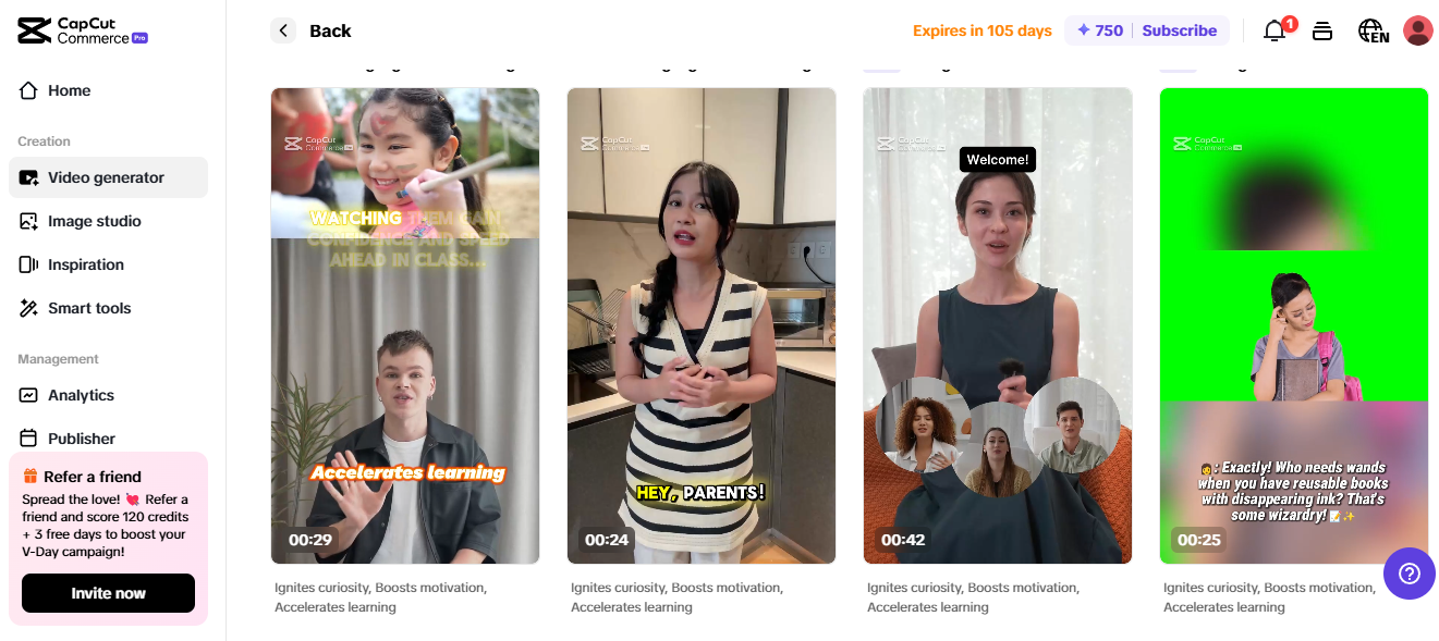 Pippit interface with video generator tools for influencer marketing and educational content creation.